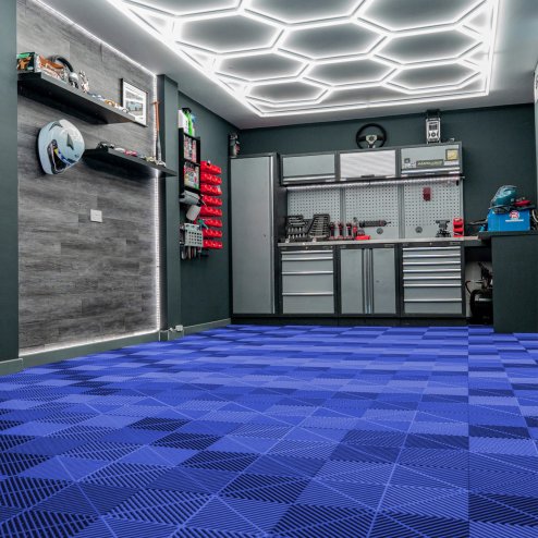 Vented Modular Interlocking Flooring Tiles x 120 Blue With Edges & Hexagon LED Lighting 14 White Lights & Border 6500K 3 Mount Options & Suspended Ceiling Kit Single Garage Floor Mat 3.2m x 6m 19.2m2