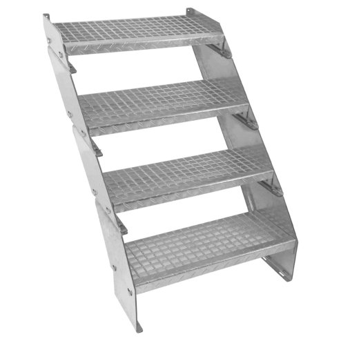 Metal Staircase 4 Section Adjustable Height 60cm / 600mm Wide Galvanised Steel Silver 4 Steps Weatherproof Grate Step Outdoor Garden Patio Modular Stairs 5mm Rod Thickness FREE Fixing Kit Image