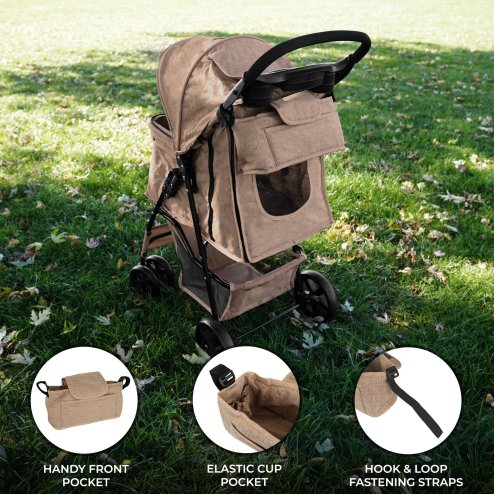 Pet Stroller Caddy Organiser Woven Beige Pushchair Pram Travel Accessory Bag Detachable Hook & Loop Straps Elastic Cup Pouch Front Pocket Large Capacity Multifunctional Linen Fabric