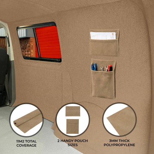 Camper Van Lining & 2 x Storage Pouches Beige Carpet 4 Way Stretch 2m Wide 11m2 Coverage Car Motorhome Vehicle Interior Campervan Conversion 2 Size Tool Paperwork Document Pocket Organiser Holder