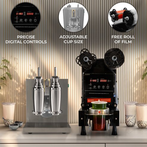 Automatic Cup Sealing Machine 500W & Bubble Tea Shaker Double Frame 400 r/min 350 - 1000ml Timer 6 - 120 Seconds 500-650 Cups/H Plastic Paper 90/ 95mm Diameter FREE Film Roll & 2 700ml Plastic Shakers
