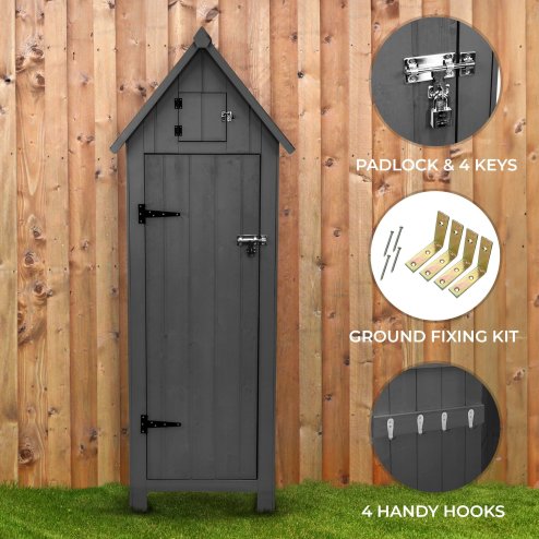 Wooden Garden Storage Shed Grey Tool Organiser Cabinet Beach Hut Sentry Box Lockable Doors 3 Corner Shelves 4 Door Hooks Roof Hatch Padlock 4 Keys Ground Fixing Kit Screw Covers Fir Wood Asphalt Roof