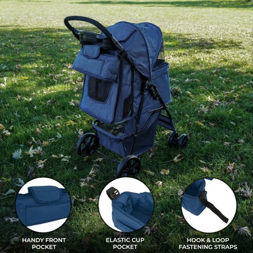 Pet Stroller Caddy Organiser Navy Blue Pushchair Pram Travel Accessory Bag Detachable Hook & Loop Straps Elastic Cup Pouch Front Pocket Large Capacity Multifunctional Waterproof Oxford Fabric