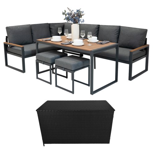Aluminium Corner Sofa Set With Black Rattan Storage Box - Wood Effect Image