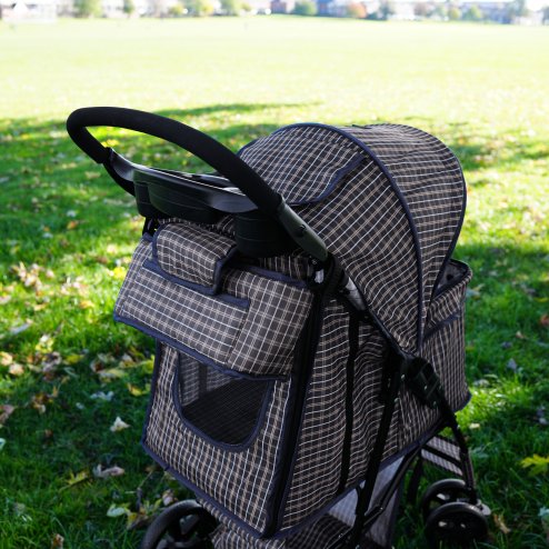 Pet Stroller Caddy Organiser Blue Tartan Pushchair Pram Travel Accessory Bag Detachable Hook & Loop Straps Elastic Cup Pouch Front Pocket Large Capacity Multifunctional Waterproof Oxford Fabric