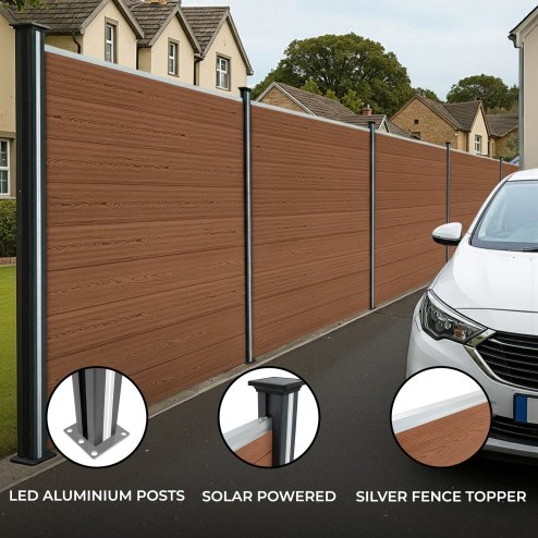 Composite Fence Panel x 2 & LED Posts x 3 - Brown