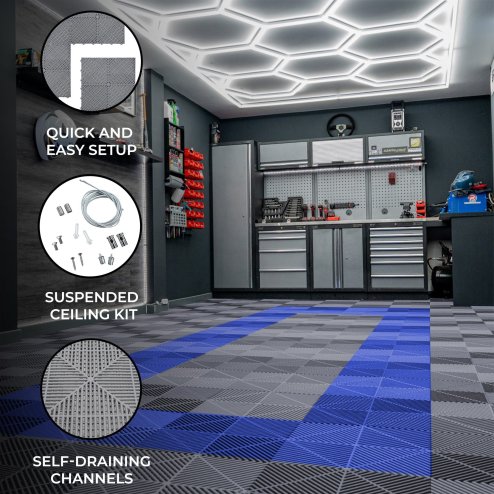 Vented Modular Interlocking Flooring Tiles 90 Grey & 30 Blue With Edges & Hexagon LED Lighting 14 White Lights & Border 6500K 3 Mount Options & Suspended Ceiling Kit Single Garage Floor Mat 3.2m x 6m