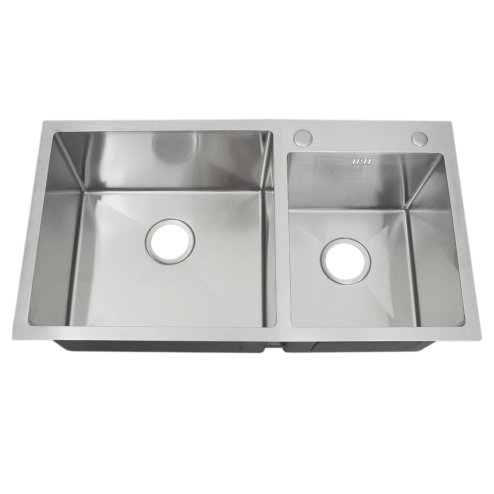 Stainless Steel Kitchen Sink Double Bowl Satin Finish Square Premium Handmade With Strainer Plug & Waste Pipe Set