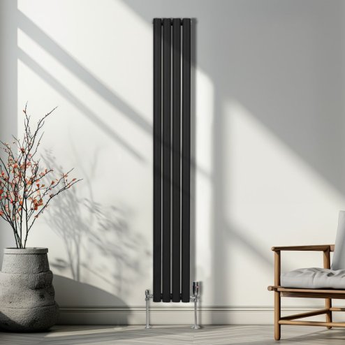 Oval Column Radiator 1800mm x 240mm Modern Designer Double Panel Central Heating Heater Matt Black Carbon Steel Vertical Kitchen Living Room Bathroom FREE Cleaning Brush Fixing Kit & Brackets
