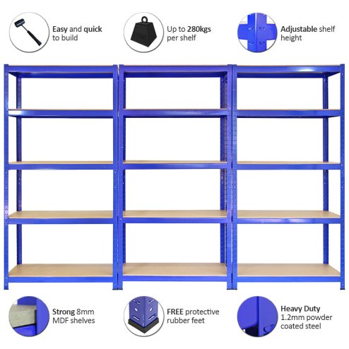 T-Rax Pack of 3 Garage Shelving Units - 5 Tier Heavy Duty Rack for Storage Steel Utility Shelves | Metal & MDF Boltless Racking Assembly System | 4200KG Capacity | 280KG Per Shelf, Blue