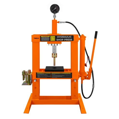 Hydraulic Shop Press 10 Ton Tonne 10,000kg Bench Mount Heavy Duty Steel Detachable Pressure Gauge Hand Pump Adjustable 180-335mm Vertical Work Area Workshop Garage FREE Tool Set 8 Mandrels & 1 Adapter