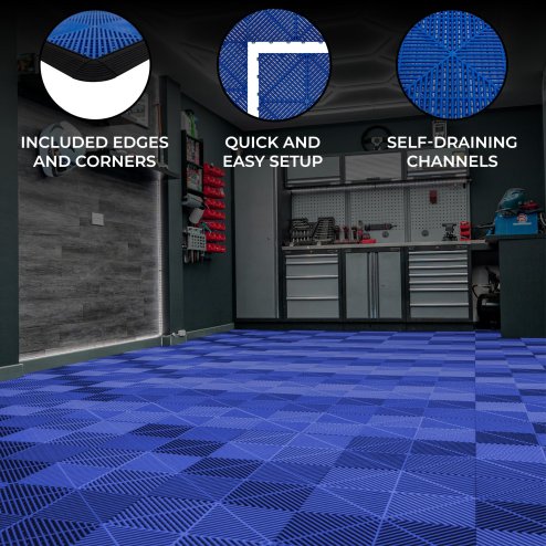 Vented Modular Interlocking Flooring Tiles & Edges 120 x Blue Single Garage Heavy Duty Floor Mat Showroom Workshop Outdoor Polypropylene Anti Slip Weather Resistant Drainage Channels 3.2m x 6m 19.2m2