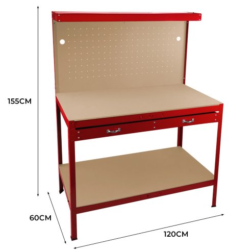 Garage Workbench Red Pegboard Drawer Shelves LED Light Heavy Duty Steel Wooden Workshop Industrial Shed DIY Work Table Desk Tool Storage Station Unit 370kg Total Capacity 40 Hooks Rubber Mallet