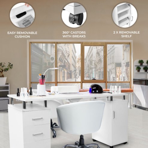 Professional Manicure Table Nail Technician Beauty Salon Tech Station Storage Desk Built In Dust Collector Fan Removable Cushion Rubber Mat 8 Castor Wheels 3 Pull Out Drawers 1 Cupboard 2 Shelves