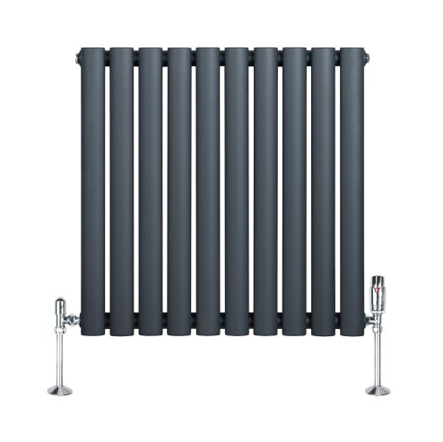 Oval Single Column Radiator & Valves - 600mm x 600mm - Anthracite Grey