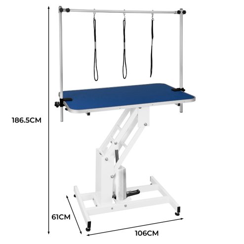 Hydraulic Pet Dog Grooming Table Lift Height Adjustable H Bar 180kg Weight Capacity Large 106cm x 61cm Blue Rubber Top Professional Heavy Duty Steel White Frame 4 Adaptable Stable Feet 3 Loop Leashes