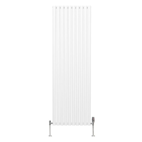 Oval Column Radiator 1800mm x 600mm & TRV Chrome Valves Modern Designer Double Panel Central Heating Heater White Steel Vertical Kitchen Living Room FREE Cleaning Brush Fixing Kit & Brackets