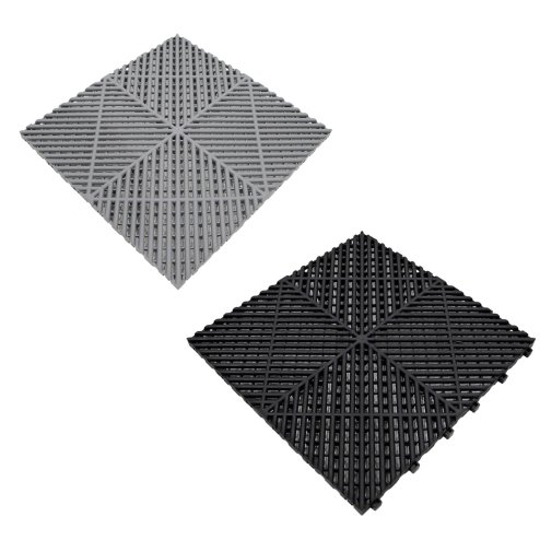 Vented Modular Interlocking Flooring Tiles & Edges 60 Black & 60 Grey Single Garage Heavy Duty Floor Mat Showroom Workshop Outdoor Polypropylene Anti Slip Weather Resistant Drainage 3.2m x 6m 19.2m2