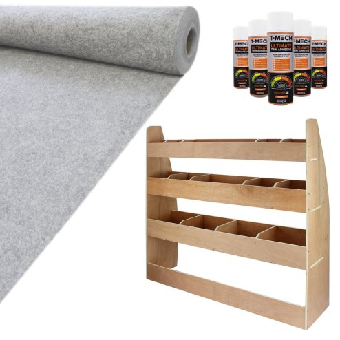 Camper Van Lining Carpet 11m2 Silver 4 Way Super Stretch & VW Caddy SWB Van Racking Plywood Tool Storage Utility Ply Toolbox Transporter Shelves Rack Unit Motorhome 5 x Adhesive Glue Cans Kit