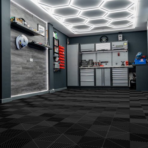 Vented Modular Interlocking Flooring Tiles x 225 Black With Edges & Hexagon LED Lighting 28 White Lights & Border 6500K 3 Mount Options & Suspended Ceiling Kit Single Garage Floor Mat 6m x 6m 36m2