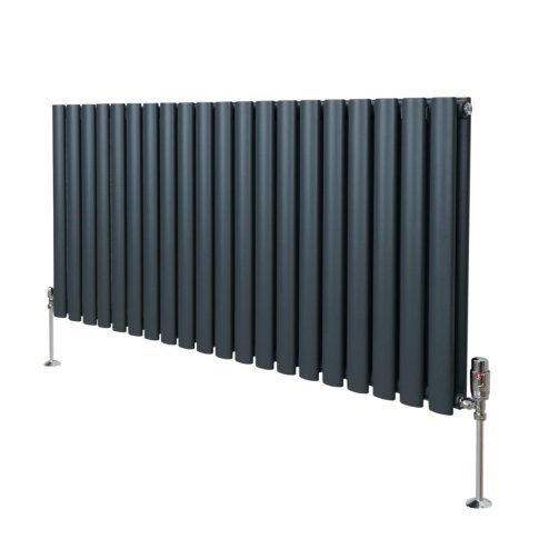 Oval Column Radiator 600mm x 1200mm & TRV Chrome Valves Designer Double Panel Central Heating Heater Anthracite Grey Steel Horizontal Kitchen Living Room FREE Cleaning Brush Fixing Kit & Brackets