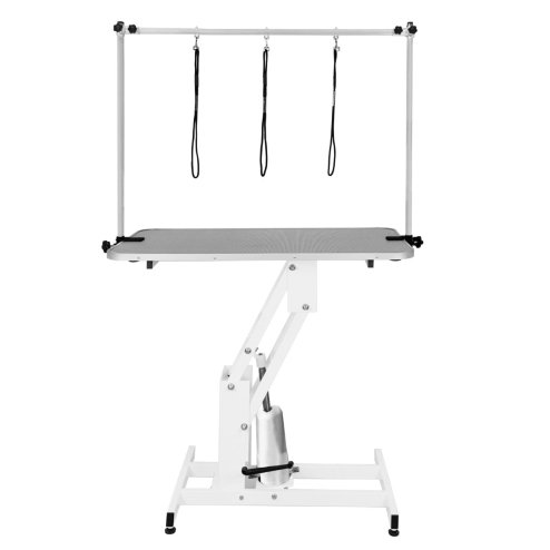 Hydraulic Pet Dog Grooming Table Lift Height Adjustable H Bar 180kg Weight Capacity Large 106cm x 61cm Grey Rubber Top Professional Heavy Duty Steel White Frame 4 Adaptable Stable Feet 3 Loop Leashes