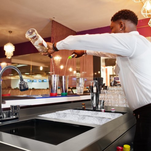 Cocktail Bar Station Stainless Steel 90L Insulated Ice Well Removable Dividers Free-Standing Workstation Large Sink 360 Degree Swivel Mixer Tap Speed Rail Slimline Bin Void FREE Boston Cocktail Shaker