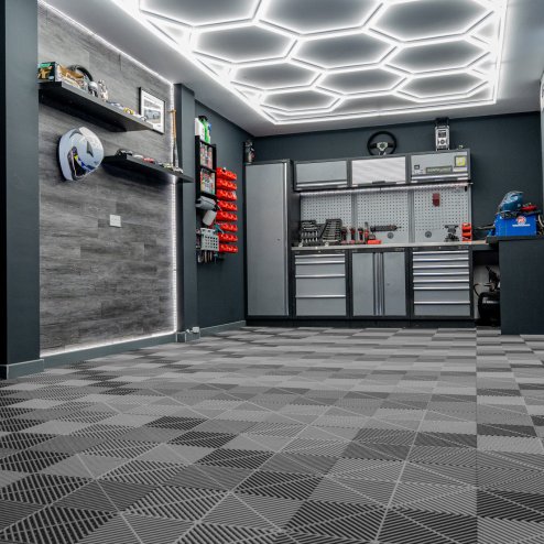 Vented Modular Interlocking Flooring Tiles x 225 Grey With Edges & Hexagon LED Lighting 28 White Lights & Border 6500K 3 Mount Options & Suspended Ceiling Kit Single Garage Floor Mat 6m x 6m 36m2