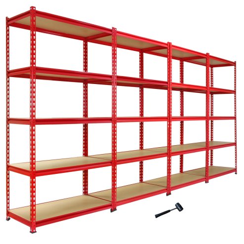 1 x Corner Garage Racking Unit & 4 x Single Racking Storage Units / 5 Z-Rax Red Steel & MDF Shelves / 8525kg capacity / 265kg per shelf / Free Rubber Mallet