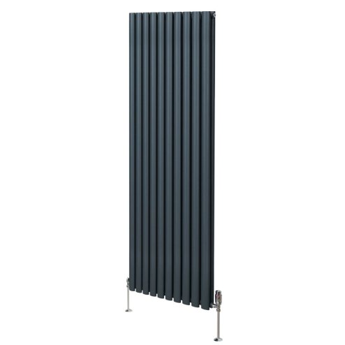 Oval Column Radiator 1800mm x 600mm & TRV Chrome Valves Modern Designer Double Panel Central Heating Heater Anthracite Grey Steel Vertical Kitchen Living Room FREE Cleaning Brush Fixing Kit & Brackets