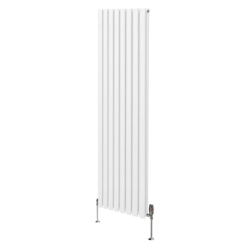 Oval Column Radiator 1800mm x 480mm & TRV Chrome Valves Modern Designer Double Panel Central Heating Heater White Steel Vertical Kitchen Living Room FREE Cleaning Brush Fixing Kit & Brackets