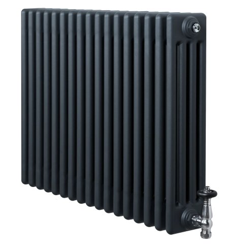 Traditional 4 Column Radiator & Valves - 600 x 785mm - Anthracite Grey