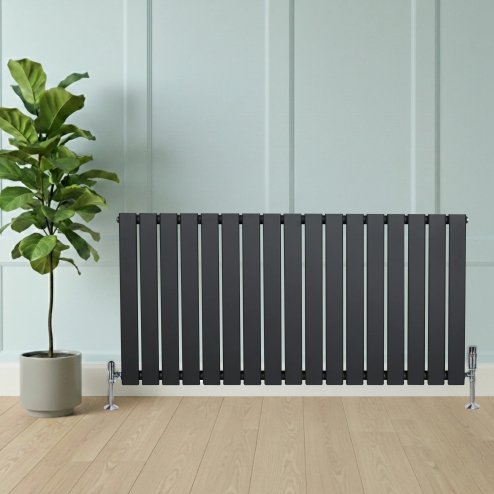 Flat Single Column Radiator & Valves - 600mm x 1190mm - Anthracite Grey