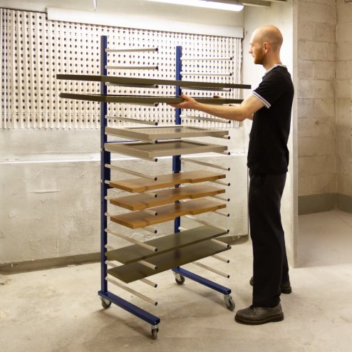 Spray Drying Rack Blue Trolley Eco Spray Paint Shop Woodworking Dry Storage 4 Heavy Duty 360 Degree Castors Mobile 15 Layers 20kg Per Layer 300kg Total Capacity Adjustable Width 175 H x 35/66 W x 55 D