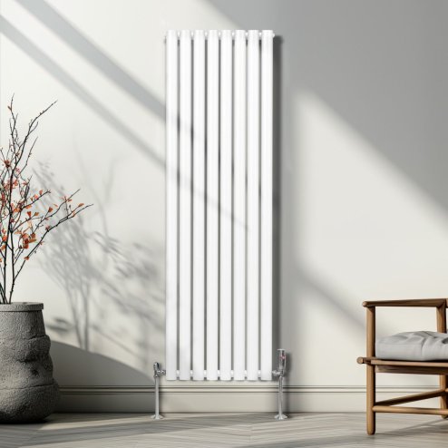 Oval Column Radiator 1600mm x 480mm & TRV Chrome Valves Modern Designer Double Panel Central Heating Heater White Steel Vertical Kitchen Living Room FREE Cleaning Brush Fixing Kit & Brackets