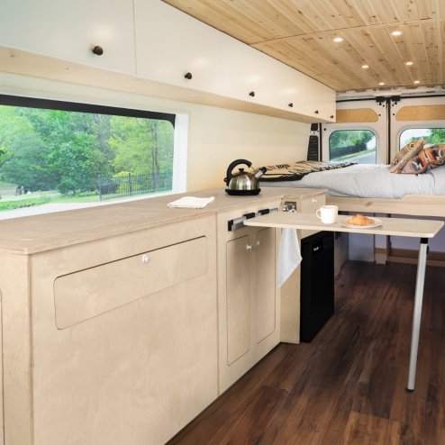 Camper Van Kitchen Pod LHD Conversion Unit Flat Pack Motorhome Campervan Furniture Foldaway Table Built In Storage Cupboards Fridge Space Towel Holder 15mm Birch Plywood SWB VW T5 & T6 Transporters