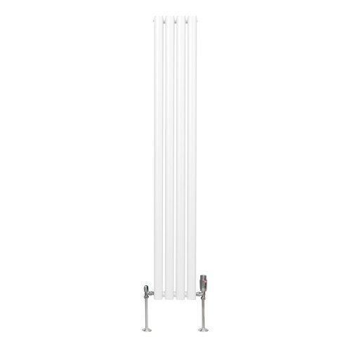 Oval Column Radiator 1600mm x 240mm & TRV Chrome Valves Modern Designer Double Panel Central Heating Heater White Steel Vertical Kitchen Living Room FREE Cleaning Brush Fixing Kit & Brackets