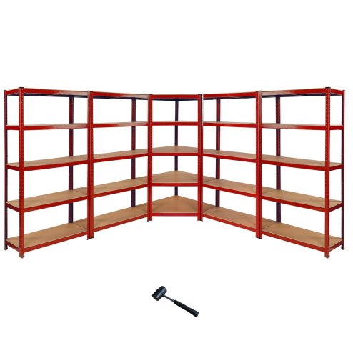 1 x Corner Garage Racking Unit & 4 x Single Racking Storage Units / 5 Z-Rax Red Steel & MDF Shelves / 8525kg capacity / 265kg per shelf / Free Rubber Mallet