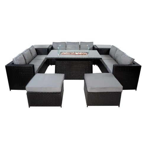 11 Seater Rattan Furniture Set With Firepit - Black
