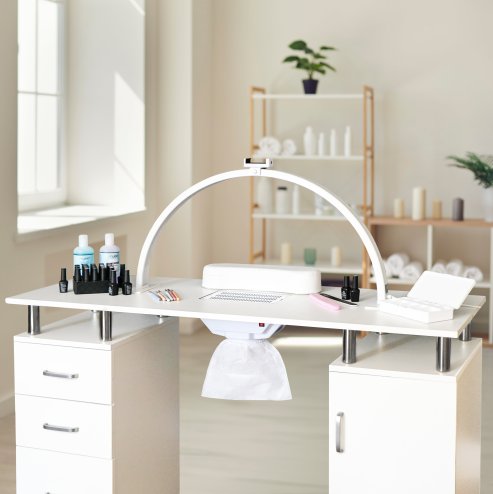 Professional Manicure Table & LED Half Moon Lamp 29.5In Nail Beauty Salon Dust Collector Removable Cushion Wheels Pull Out Drawers 1 Cupboard 2 Shelves 3 Colour Dimmable Temperature Light Phone Holder