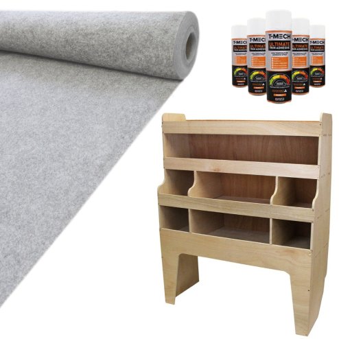 Camper Van Lining Carpet 11m2 Silver Grey 4 Way Super Stretch & VW Transporter Van Racking Plywood Tool Storage Utility Ply Toolbox Transporter Shelves Rack Unit Motorhome 5 x Adhesive Glue Cans Kit