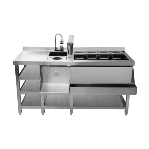 Deluxe Cocktail Bar Station Stainless Steel Insulated Ice Well Free-Standing Workstation 3 shelves Sink 360 Degree Swivel Mixer Tap Speed Rail Drink Refresher Drip Tray Gastro Pots FREE Boston Shaker