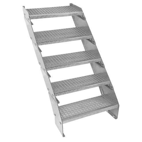 Metal Staircase 5 Section Adjustable Height 60cm / 600mm Wide Galvanised Steel Silver 5 Steps Weatherproof Grate Step Outdoor Garden Patio Modular Stairs 5mm Rod Thickness FREE Fixing Kit Image