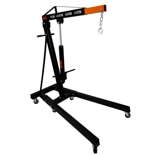 Engine Crane 1 Tonne Ton 1000kg Hydraulic Pump Handle Folding Legs Hoist Lift Jack Stand Handle 6 Portable Heavy Duty Wheels Workshop Garage 4 JIB Positions Chain Hook Black Powder Coated Steel