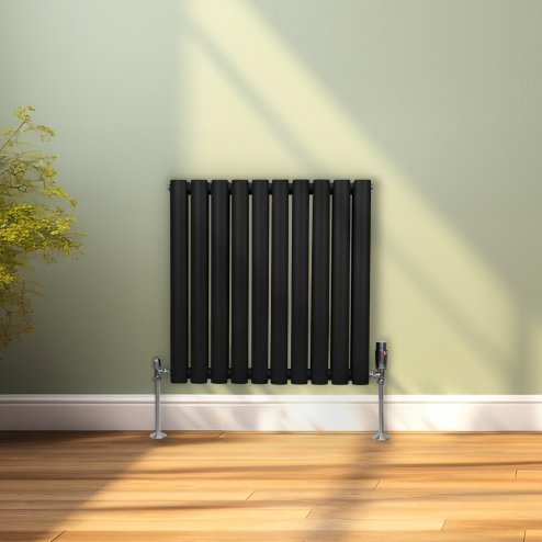 Oval Column Radiator 600mm x 600mm & TRV Chrome Valves Modern Designer Double Panel Central Heating Heater Black Steel Horizontal Kitchen Living Room FREE Cleaning Brush Fixing Kit & Brackets