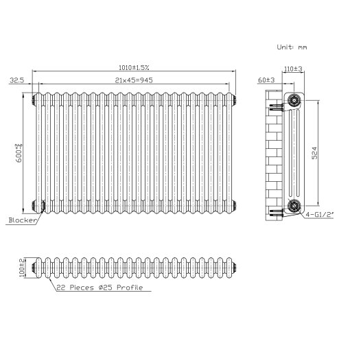 Traditional 3 Column Radiator - 600 x 1010mm - Raw Metal