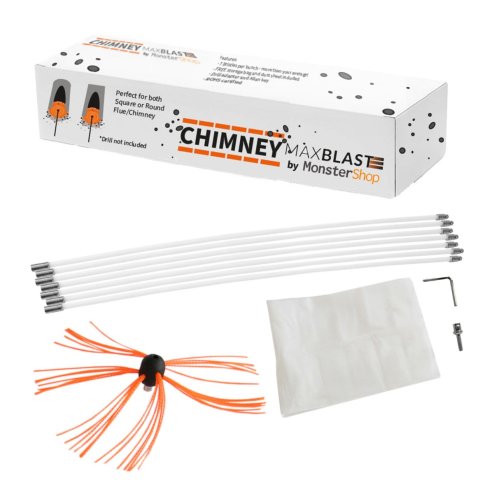 Chimney Cleaner Kit, Drill Powered Sweeping Brush, Rotary Cleaner Brush, 8m, Fireplace, Wood Burner, Flue, Reinforced Nylon Flexible Rods, FREE Dust Sheet, FREE Storage Bag, Includes Drill Adapter & Allen Key