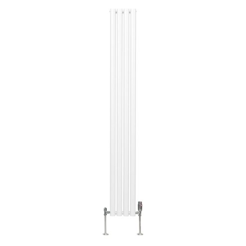 Oval Column Radiator 1800mm x 240mm & TRV Chrome Valves Modern Designer Double Panel Central Heating Heater White Steel Vertical Kitchen Living Room FREE Cleaning Brush Fixing Kit & Brackets