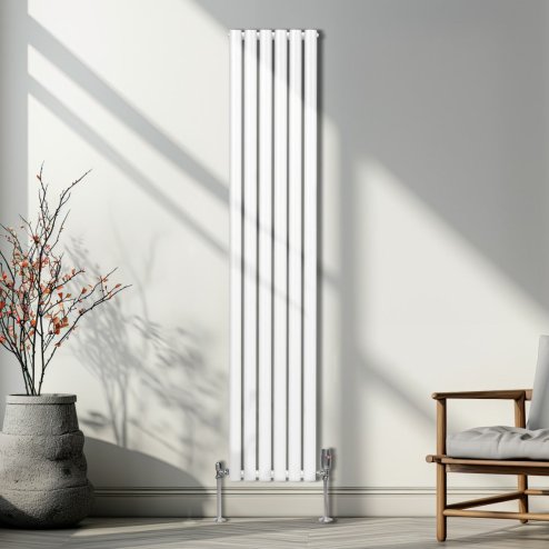 Oval Column Radiator 1800mm x 360mm & TRV Chrome Valves Modern Designer Double Panel Central Heating Heater White Steel Vertical Kitchen Living Room FREE Cleaning Brush Fixing Kit & Brackets