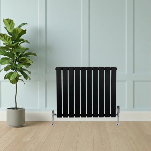 Flat Single Column Radiator & Valves - 600mm x 700mm - Black